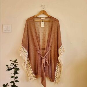 RYU Brown Embroidered Fringe Accent Bohemian Kimono Cardigan M/L